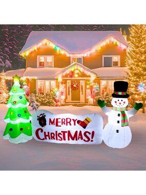 10FT Inflatable Snowman with Tree & Sign - LED Christmas Yard Decor, Holiday Fun